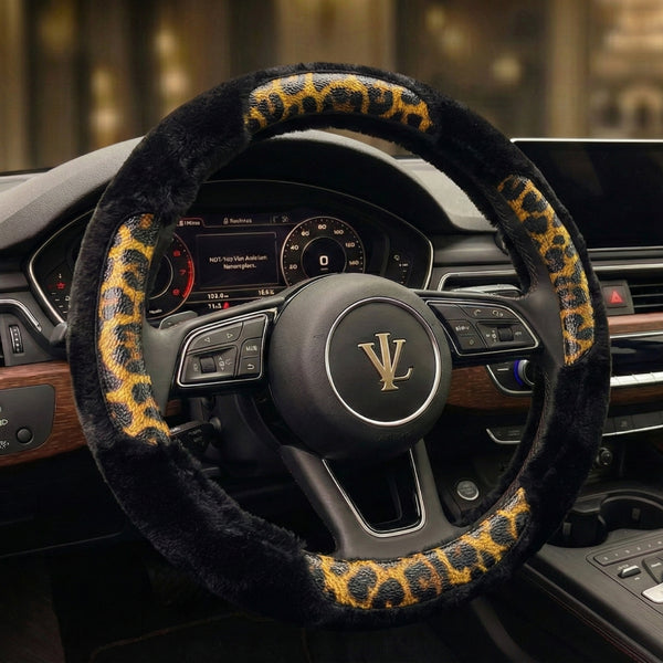 Valente Lusso The Oro Selvaggio Siyah ve Altın Leopar Desenli Peluş Direksiyon Kılıfı