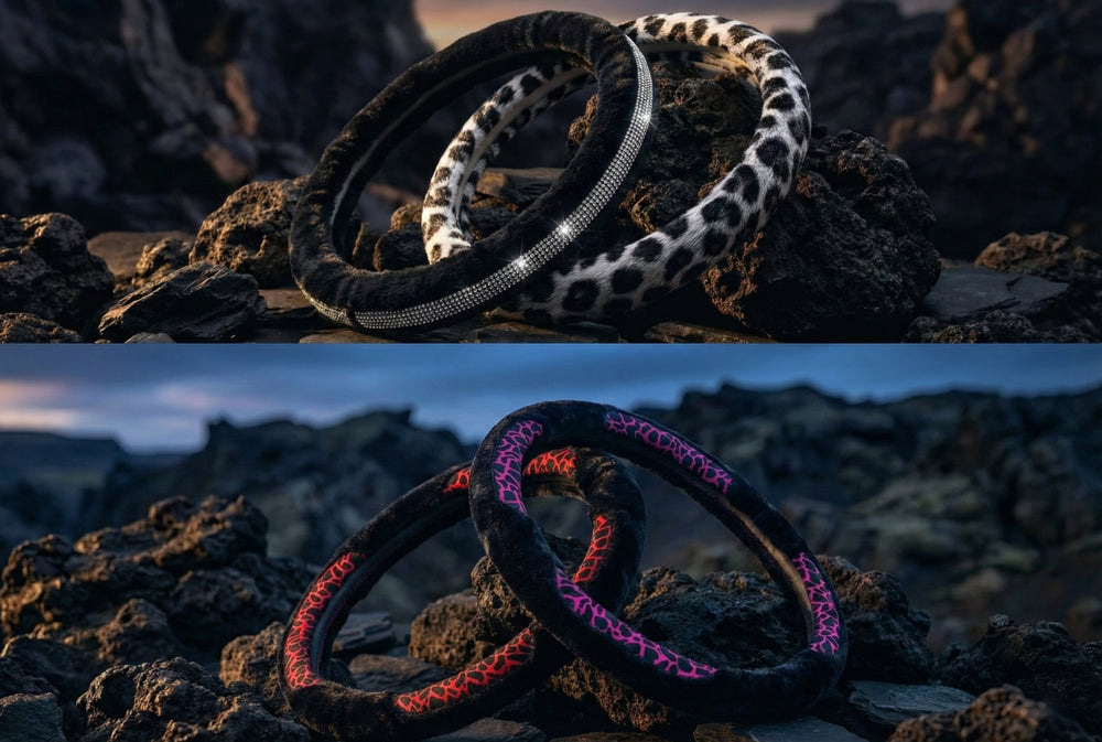 Valente Lusso leopar desenli ve taşlı lüks kadife direksiyon kılıfı koleksiyonu