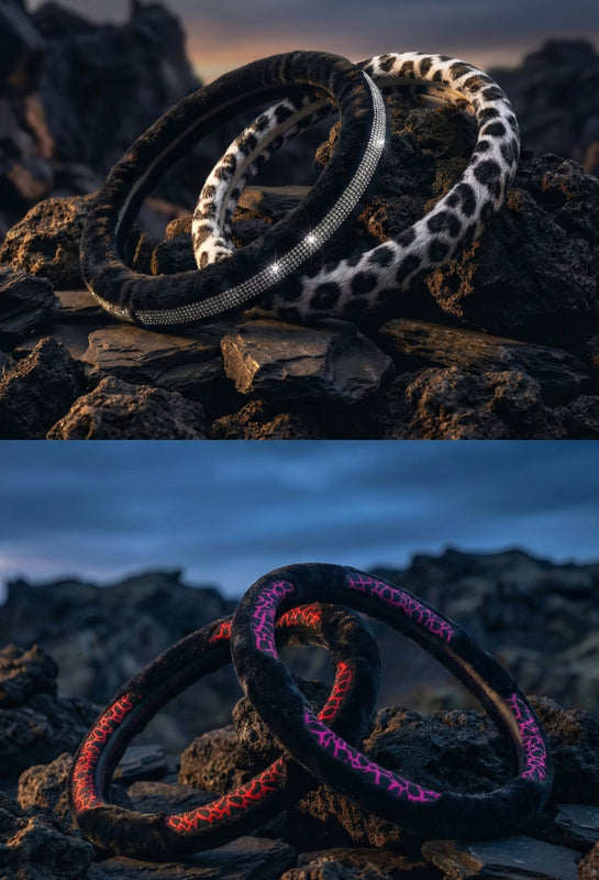 Valente Lusso leopar desenli ve taşlı lüks kadife direksiyon kılıfı koleksiyonu